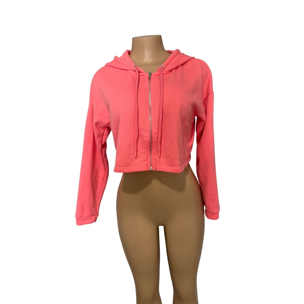 💜$5 BUNDLED- IRIS Women Neon Pink Coral Cropped Full Zip Hoodie Sweatshirt Small